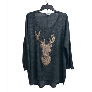Moa Moa Woman Plus Size 1X Black Sweater Top Gold Sequins Reindeer Lagenlook